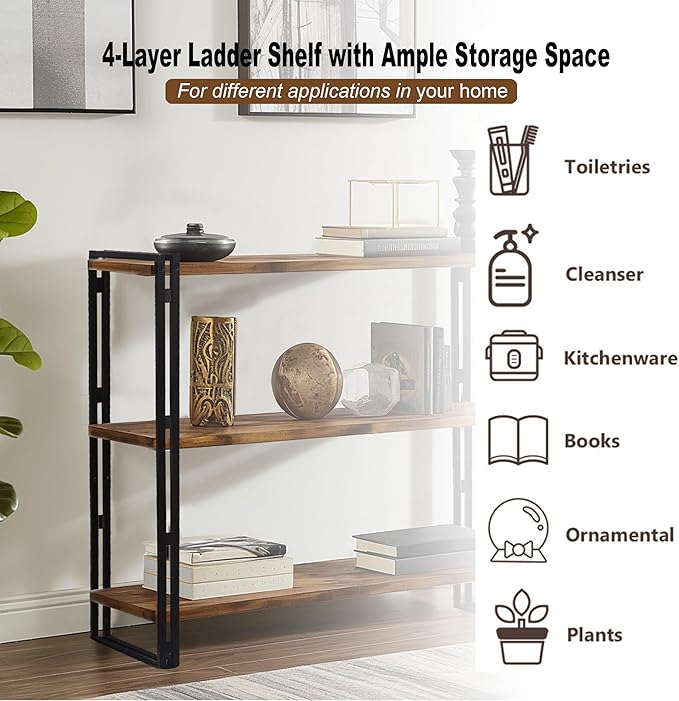 47" 3-Tier Bookshelf Rustic Wood and Metal Industrial Bookshelf - Image 6