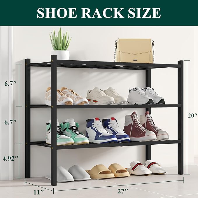Smiry Shoe Rack, 3 Tier Bamboo Shoe Organizer, Stackable Free Standing Wooden - Image 2