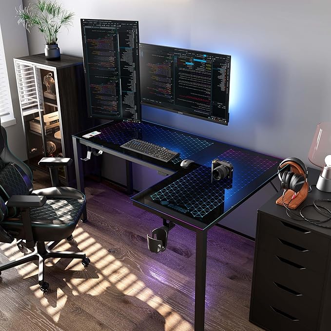 EUREKA ERGONOMIC RGB LED Lights 60 Inch L Shaped Reversible Black Glass Gaming - Image 5