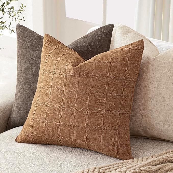 Foindtower Set of 2 Decorative Linen Check Throw Pillow Covers Neutral - Image 5