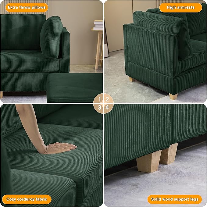 126" Convertible L-Shaped Modular Sectional Sofa, 4 Seater Corduroy Upholstered - Image 6