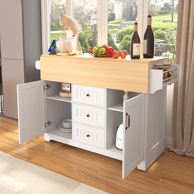 56" Large Kitchen Island with 2 Drop Leafs, Rolling Kitchen Cart on 5 Wheels - Image 9
