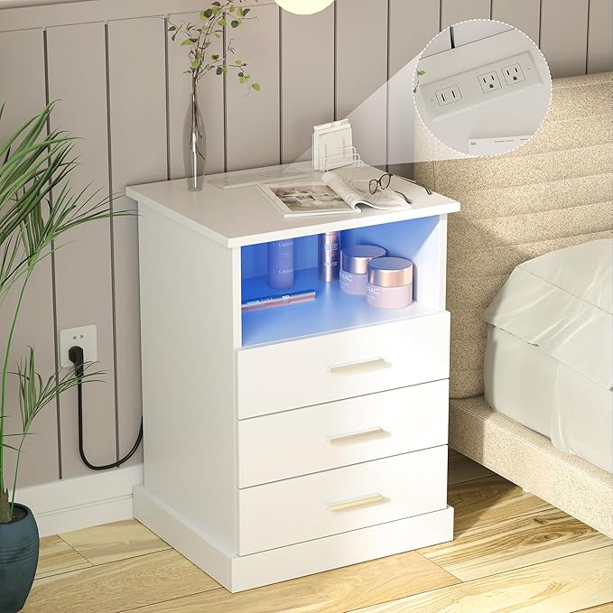 Nightstand with Charging Station, LED Lights Side Table with 3 Drawers by Halitaa
