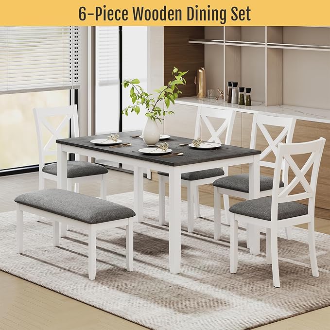 6-Piece Solid Wood Dining Table Set, Including 1 Dining Table, 4 Upholstered - Image 7