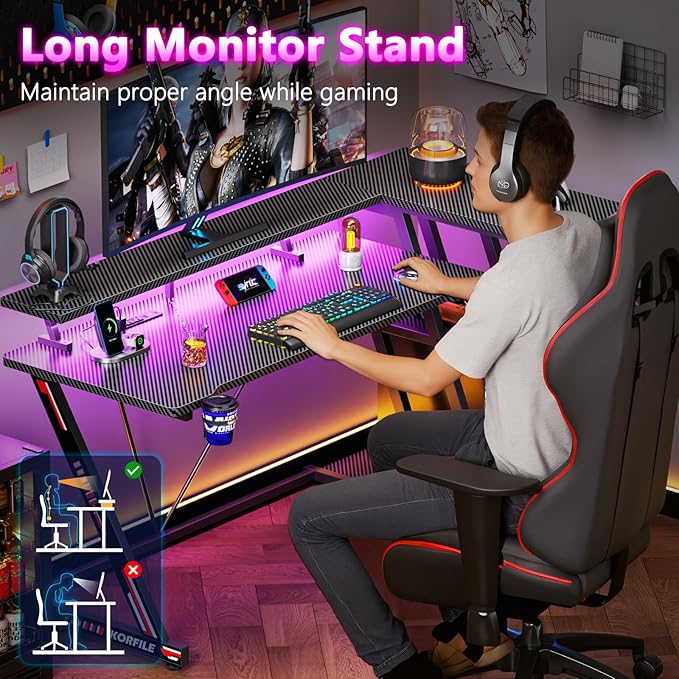 55 Inch Gaming Desk with Power Outlet & LED Lights, L Shaped Gamer Computer - Image 7