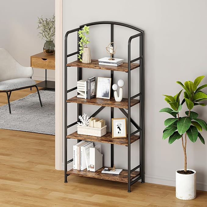 No-Assembly Folding Bookshelf Storage Shelves 4 Tiers Vintage Multifunctional - Image 2