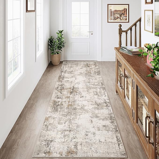 2x8 Washable Runner Rug Brown Grey Neutral Abstract Hallway Kitchen Living Room by WondRg