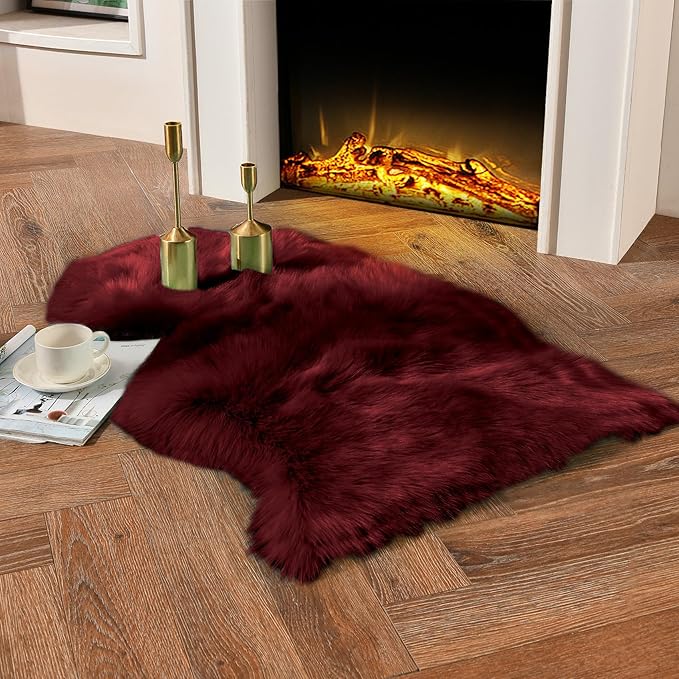 duduta Burgundy Sheepskin Throw Rug 2x3 ft, Fluffy Shag Faux Fur Seat Chair by Duduta