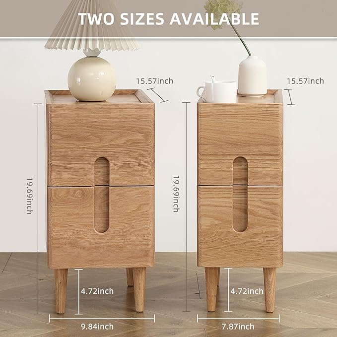 Solid Wood Bedside Table Nightstands, Slim Narrow Oak Real Wooden Mid-Century - Image 2