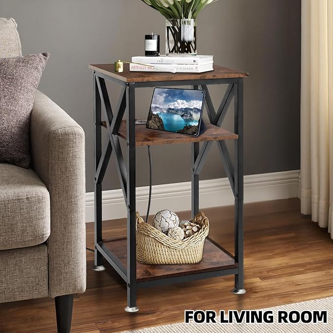 TooCust 3 Tier End Table with Charging Station, Metal and Brown Bedside Table - Image 6