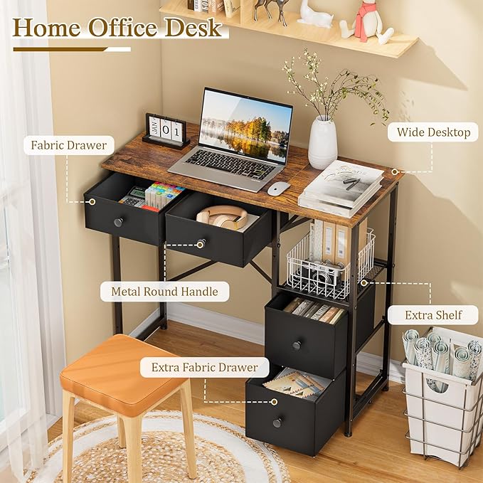 Small Computer Desk with 4 Fabric Drawers, Simple Writing Desk - Image 3