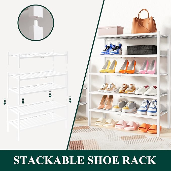 Smiry Shoe Rack, 2 Tier Thick Bamboo Shoe Organizer, Stackable Free Standing - Image 4