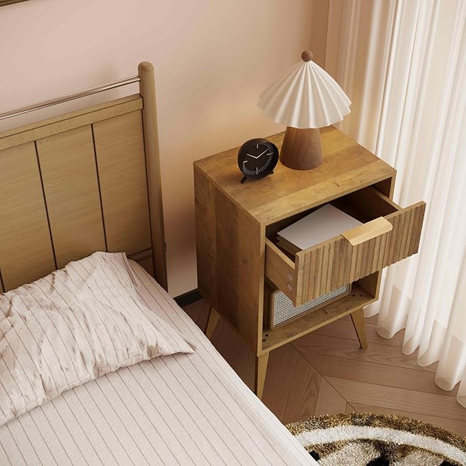 Fluted Night Stand with Opening Storage, Mid Century Bedside Table with Drawer - Image 4