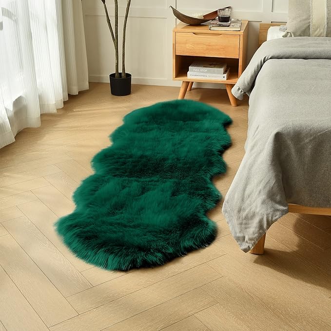 duduta Emerald Green Faux Sheepskin Runner Rug 2x6 ft, Fluffy Shag Bedroom Dorm - Image 5