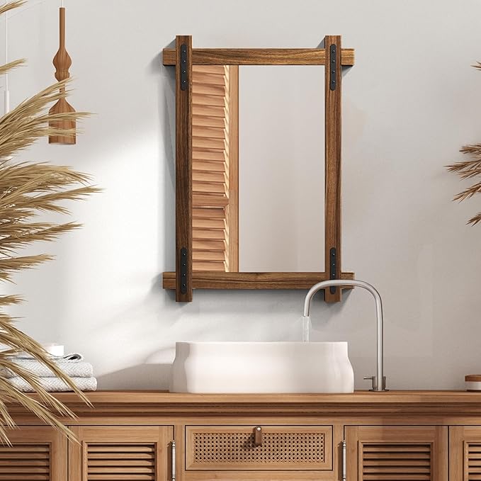 YOSHOOT Farmhouse Wood Bathroom Mirror, Round Corner Vanity Mirror - Image 5