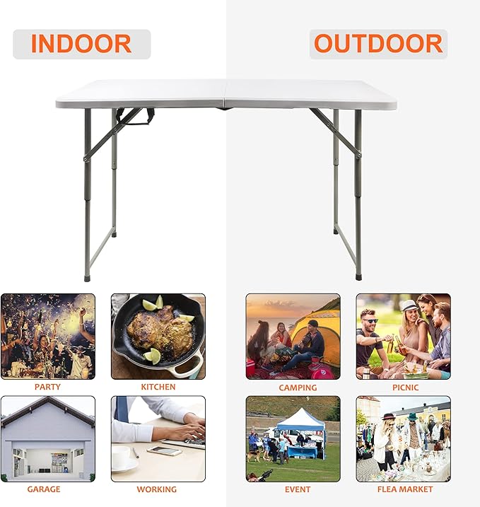 FORUP Folding Utility Table, 4ft Fold-in-Half Portable Plastic Picnic Party - Image 7