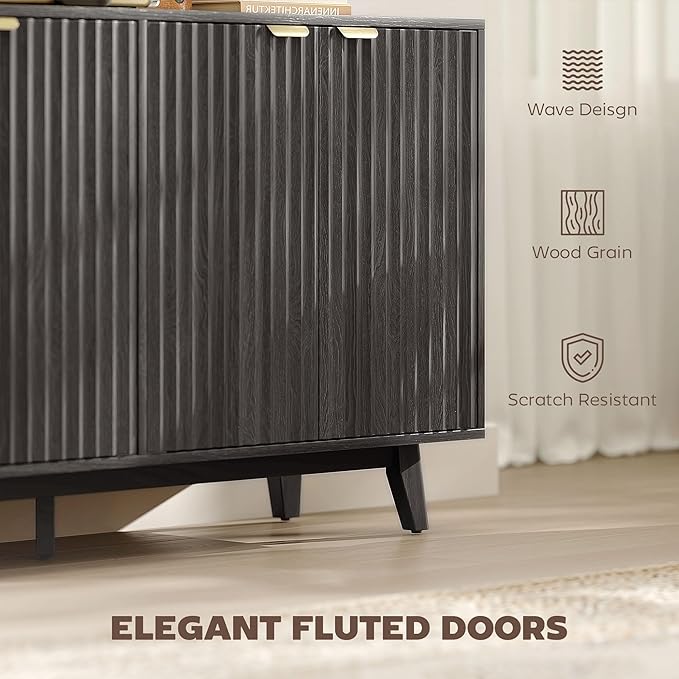 HOMCOM Fluted Sideboard Buffet Cabinet, 2 Adjustable Shelves and 5 Wood Legs - Image 4