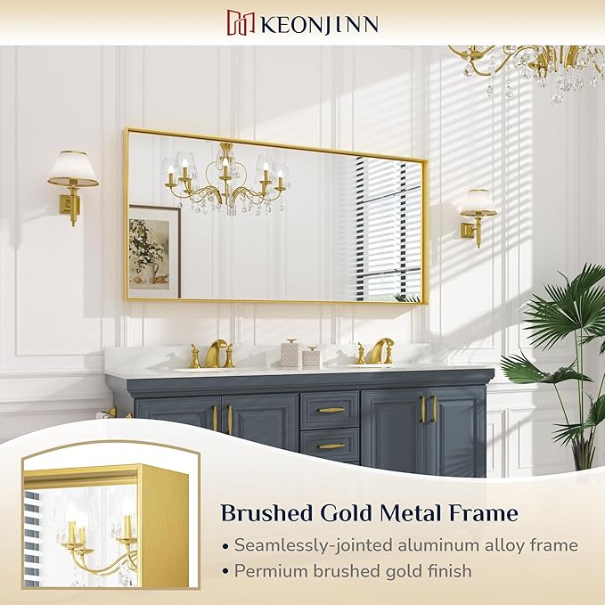Keonjinn Brushed Gold Bathroom Mirror 60” x 30” Metal Framed Rectangular Wall - Image 6