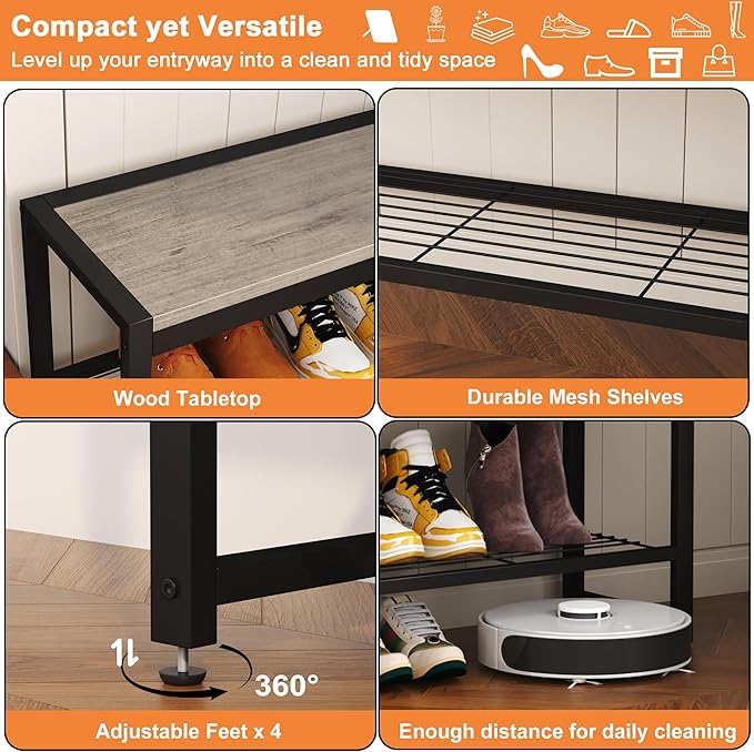 HOMEFORT 2 Tiers Shoe Bench, Retro Industrial Shoe Storage Bench - Image 8