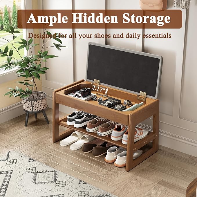 Shoe Rack Bench with Cotton-Linen Cushion 2-Tier Wooden Storage Bench 550lbs - Image 3
