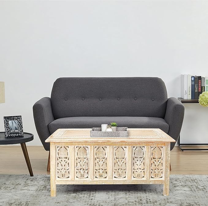 The Wooden Town Rectangular Coffee Table – 36x18 Inch White Wash Finish | - Image 9