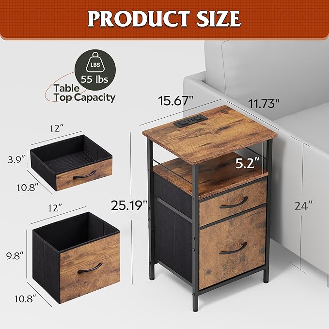 WLIVE Nightstand with Charging Station, End Table with 2 Fabric Drawers - Image 3