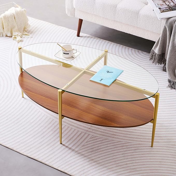 Oval Glass Coffee Table, Mid-Century Modern Design, L43 x W22 x H17 inch by LumFurn