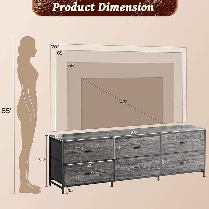 Huuger 63 Inch Long Dresser for Bedroom, Wide TV Stand for 55, 70 Inch TV - Image 3