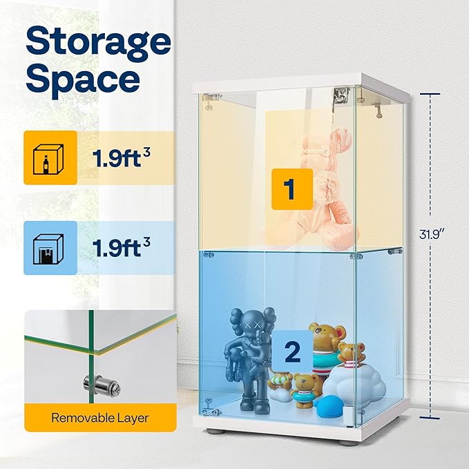 VIVOHOME 2 Layers 15.7''W x 15.7''D x 31.9''H Glass Display Cabinet Showcase - Image 3
