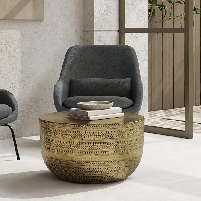 SIMPLIHOME Johnsen 30-inch Wide Metal Drum Coffee Table in Antique Gold - Image 2