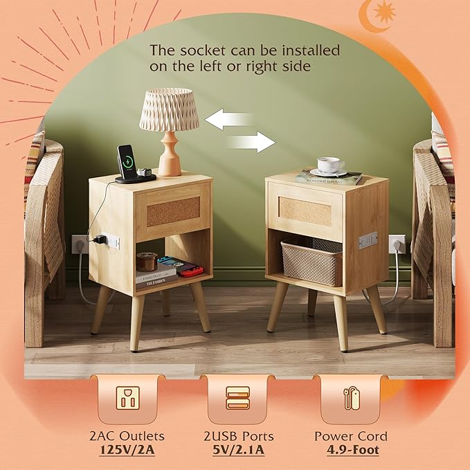WLIVE Rattan Nightstand with Charging Station, Boho Night Stand, Small Bedroom - Image 5