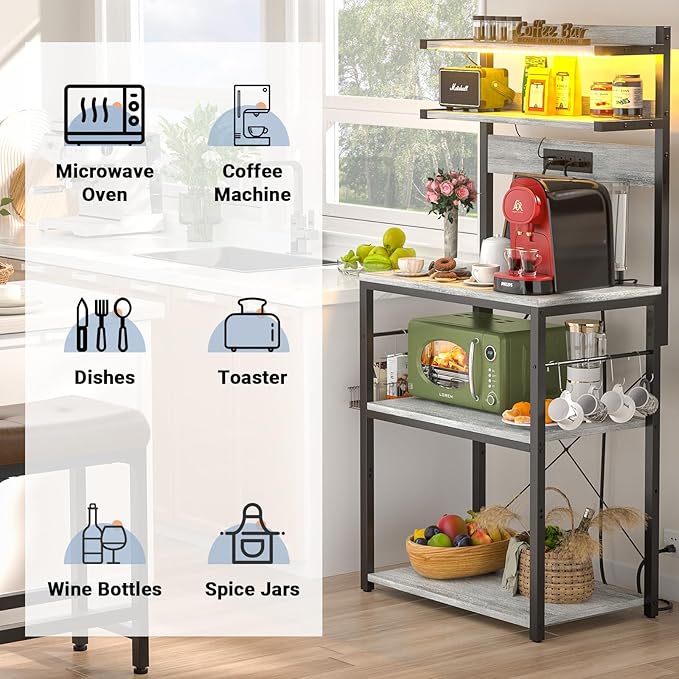 Aheaplus Bakers Rack with Power Outlet, Microwave Stand, 5 Tiers Coffee Bar - Image 7