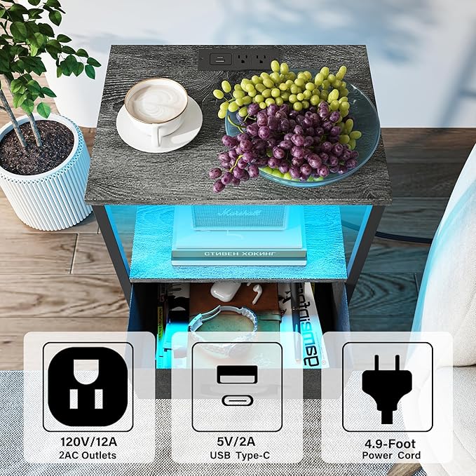 TUTOTAK LED End Table with Charging Station, Night Stand, Side Table with 2 USB - Image 4