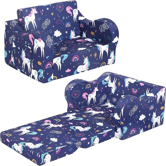 Rainbow Unicorn Kids Sofa, 2-in-1 Kids Couch Fold Out, Convertible Sofa to Bed by MOMCAYWEX
