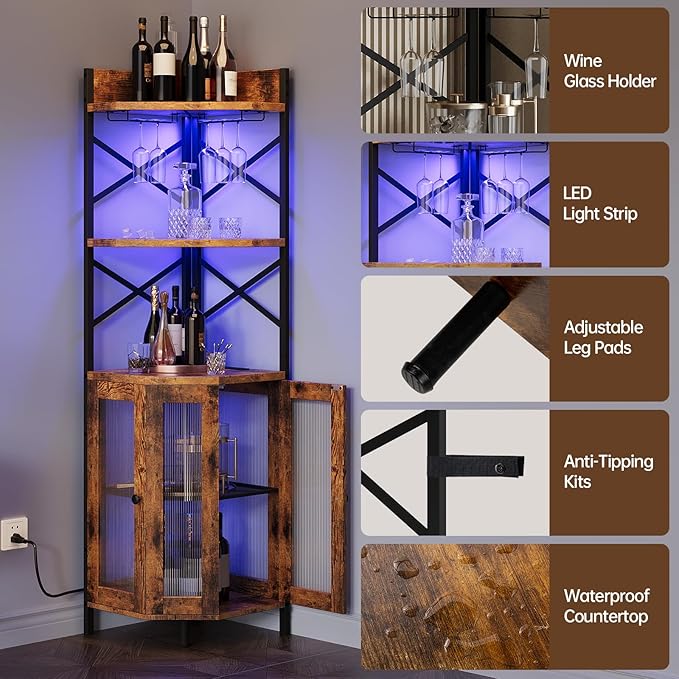 Corner Bar Cabinet with Power Outlet, 5-Tier Corner Wine Cabinet with Led Strip - Image 5
