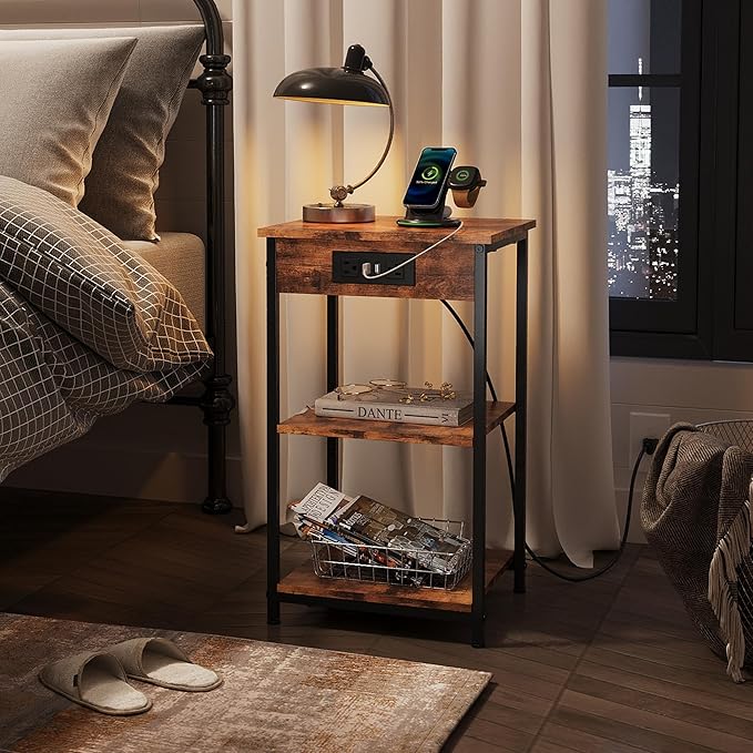 WLIVE End Table with Charging Station, Small Night Stand with 3 Storage Shelves - Image 6