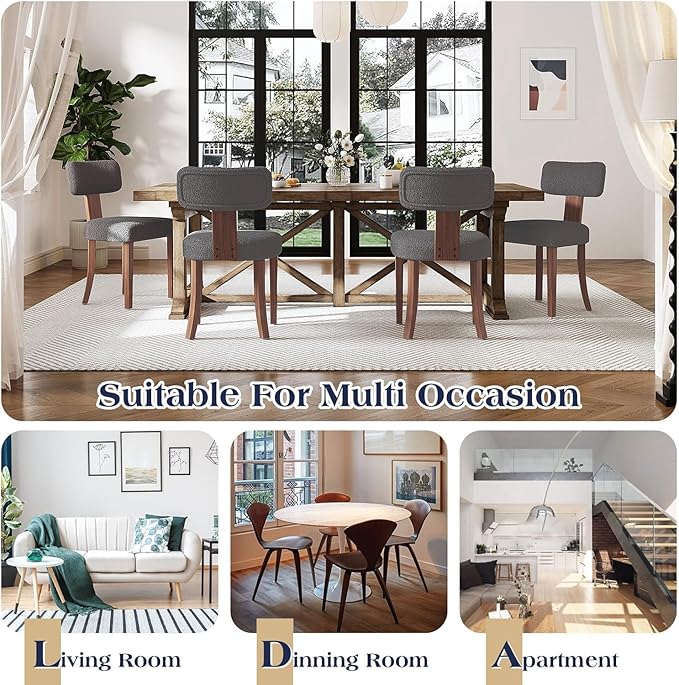 Farmhouse Chair Set of 4, Mid Century Modern Dining Chairs, Sherpa Upholstered - Image 7
