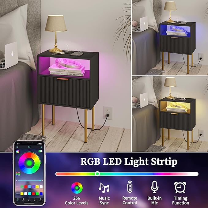 Modern Nightstand with Charging Station and LED Lights, Fluted Nightstand - Image 4