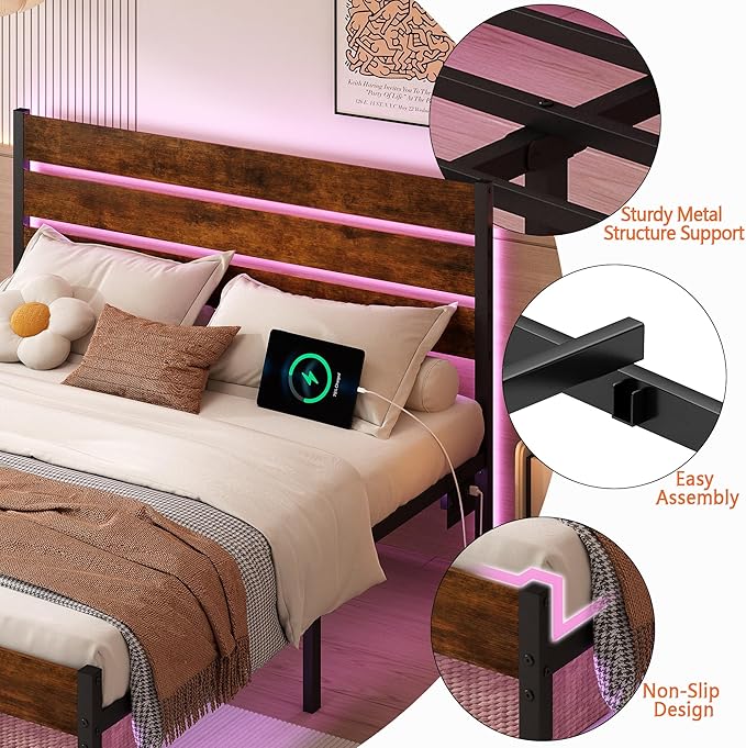 Full Size Bed Frame with Headboard, Heavy Duty LED Bed Frame with USB Charging - Image 3