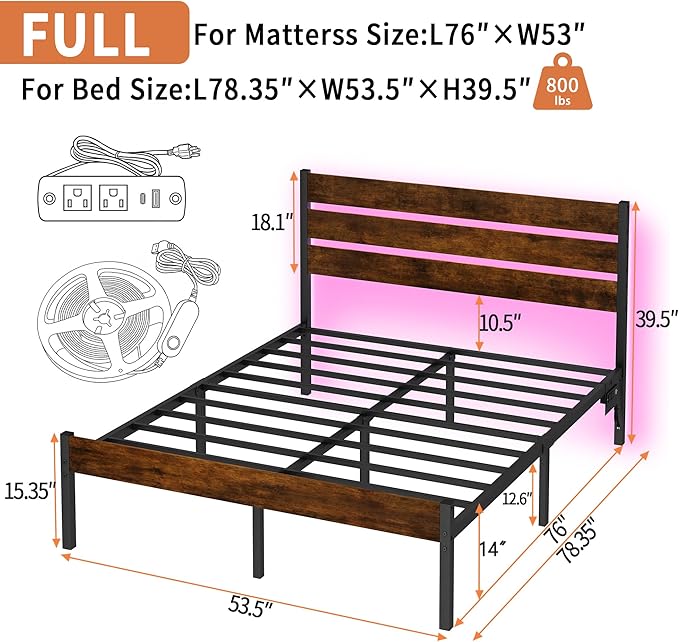 Full Size Bed Frame with Headboard, Heavy Duty LED Bed Frame with USB Charging - Image 2