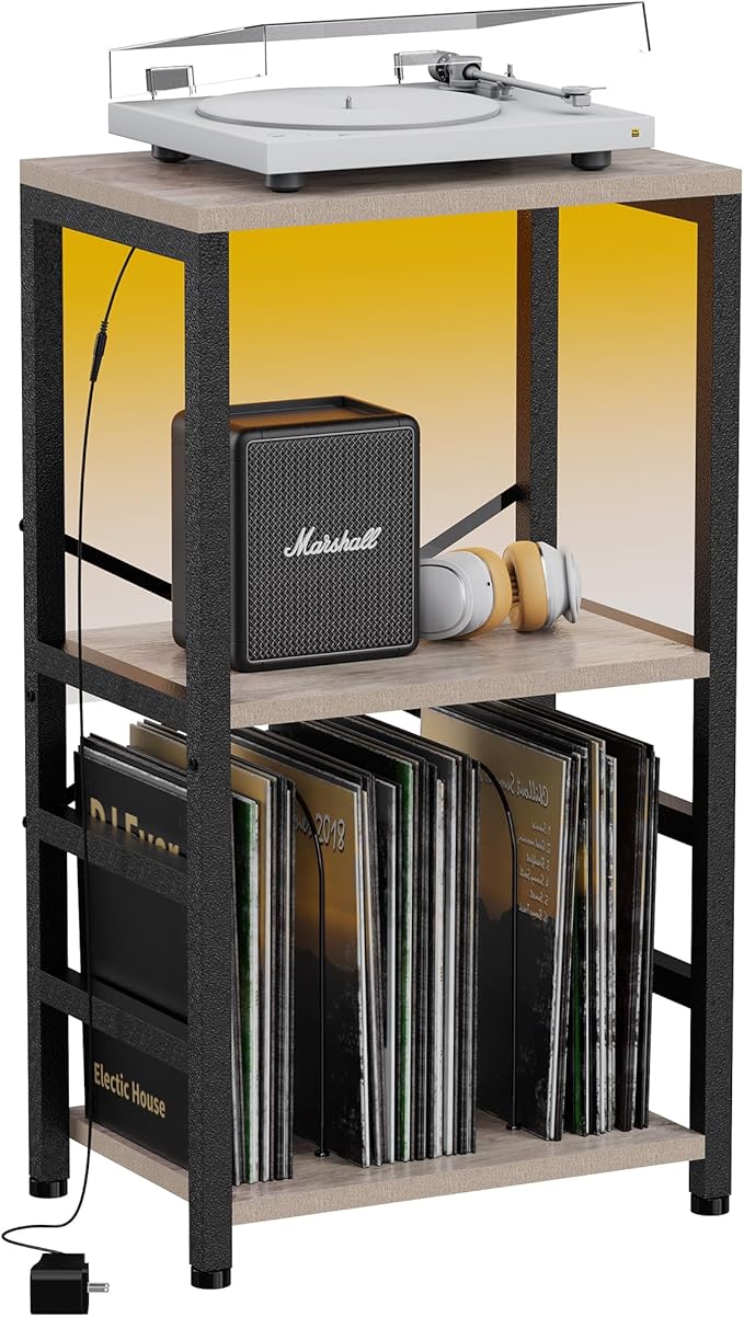 End Table with LED Light, Record Player Stand with Albums Storage, Vinyl by YAKANJ