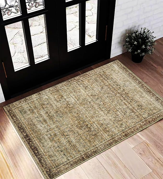 Area Rug 2x3 Washable Rug Door Mat Vintage Distressed Taupe Doormat Indoor by CHAMPLANT
