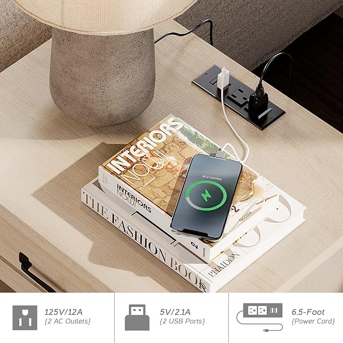 WAMPAT Beige Side Table with Charging Station, Elegant Nightstand - Image 5