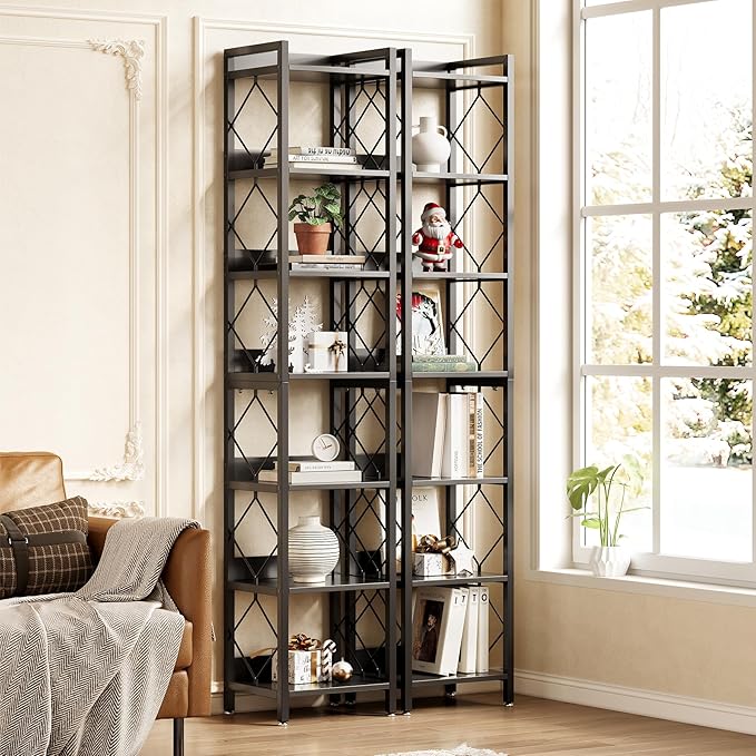 LITTLE TREE Book Shelf Set of 2, 7-Tier Tall Bookcase, Wooden Display Shelves - Image 6