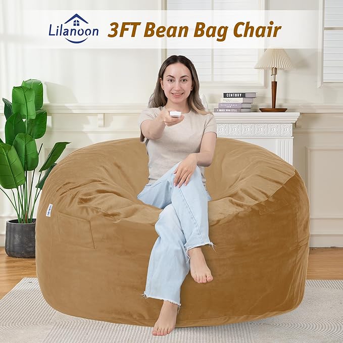 3FT Bean Bag Chair with Ultra Soft Velvet Cover Bean Bag Sofa with Memory Foam - Image 3