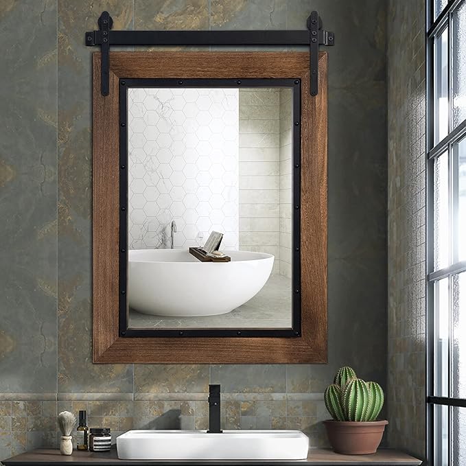 YOSHOOT Farmhouse Barn Door Mirror, Wood Frame Wall Mirror, Wooden Mirror - Image 6