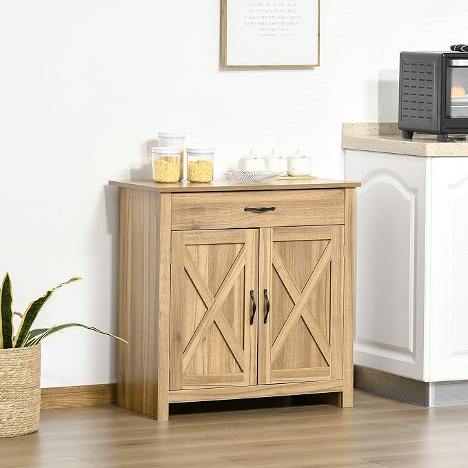 HOMCOM Farmhouse Sideboard Buffet Cabinet, Barn Door Coffee Bar Cabinet - Image 2