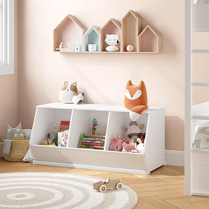 UTEX Stackable Toy Storage Cabinet, Wooden Cubby Organizer, Living Room - Image 9