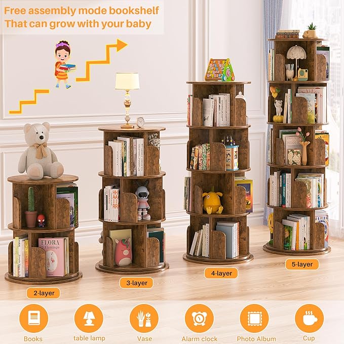 Aheaplus Rotating Bookshelf, 360 Display Wood Spinning Bookshelf Tower - Image 6