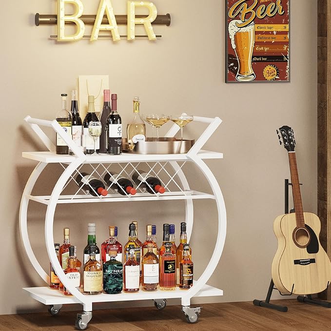 LVB White Bar Cart, Modern Rolling Serving Wine Cart - Image 3
